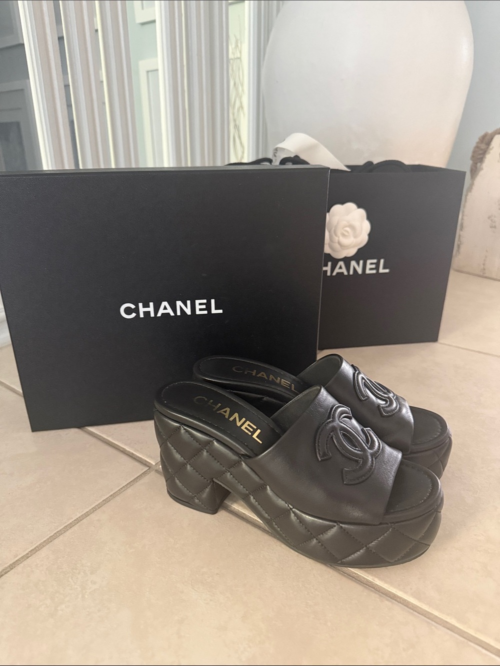 CHANEL Black Quilted Leather Platform Slide Sandals with CC Logo